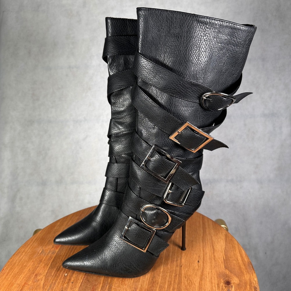 PrettyLittleThing Buckle Boots Womens 5 Black Good Stiletto Mid Calf Edgy